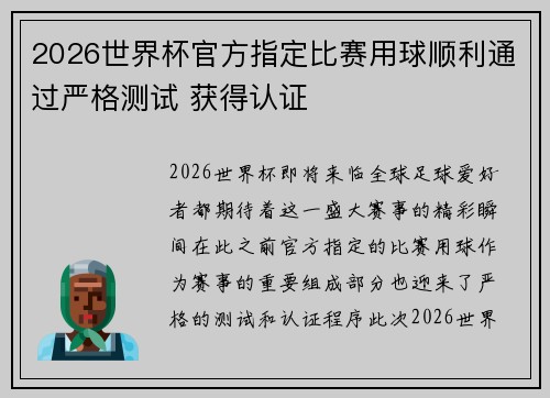 2026世界杯官方指定比赛用球顺利通过严格测试 获得认证 2026世界杯官方指定比赛用球顺利通过严格测试 获得认证
