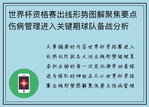 世界杯资格赛出线形势图解聚焦要点伤病管理进入关键期球队备战分析 世界杯资格赛出线形势图解聚焦要点伤病管理进入关键期球队备战分析