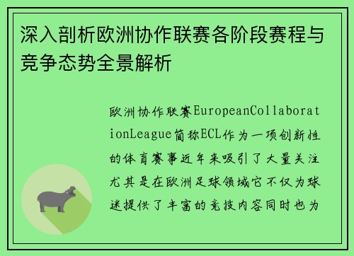 深入剖析欧洲协作联赛各阶段赛程与竞争态势全景解析 深入剖析欧洲协作联赛各阶段赛程与竞争态势全景解析